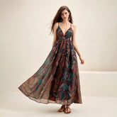 French Elegant Vacation Dress Printed V neck Seaside Strap Dress